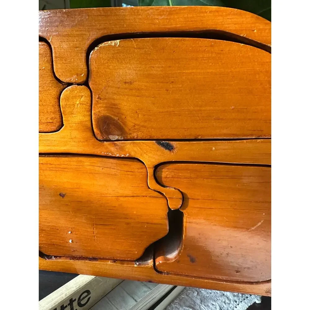 Vintage Wooden Jewelry Trinket Box Handmade Wave Artisan Wood unique puzzleREAD